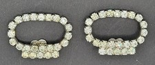 Vintage Pair Of Clear Rhinestone Oval Shoe Clips Silver Tone Prong Set
