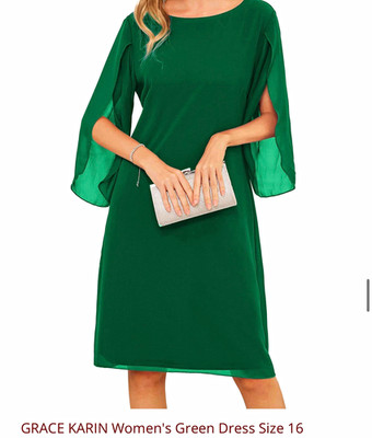 Grace Karin Green Chiffon Shift Dress Cape 3/4 Sleeve Round Neck Size 16