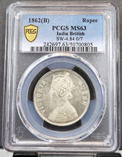1862 INDIA SILVER 1 RUPEE S&W-4.84 0/7 VICTORIA PCGS MS 63 RARE GREAT LOOKING