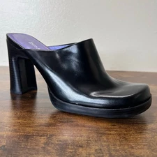 Enzo Angiolini Mules 7.5 Women Black Leather Slip On Block Heel Pumps Square Toe
