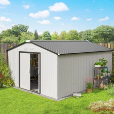 13' x 11' Steel Outdoor Utility Storage Tool Shed for Backyard Garden, White