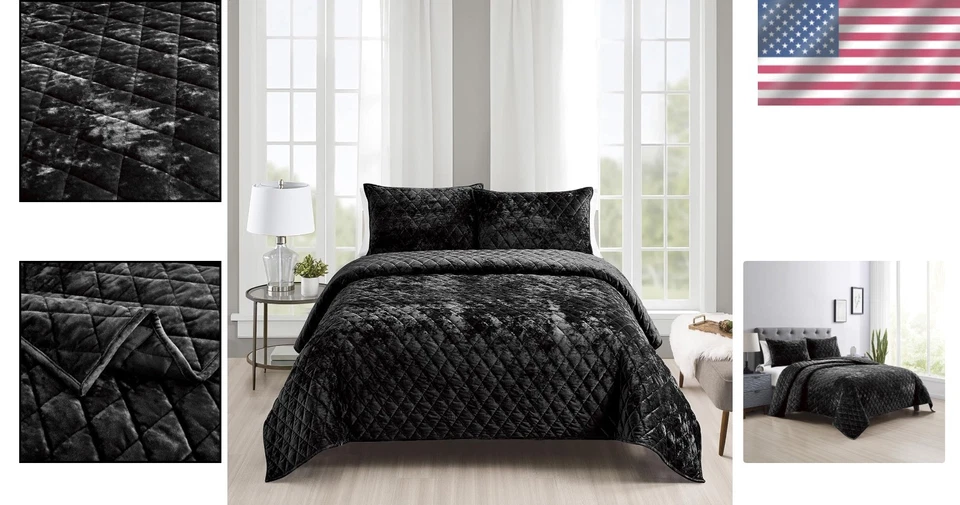 Elegant Black King Quilt Set - Distressed Velvet with Soft Microfiber Backing - Image 2 of 4