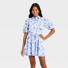 Women's Puff Sleeve Mini Shirtdress - A New Day Blue/White Toile M