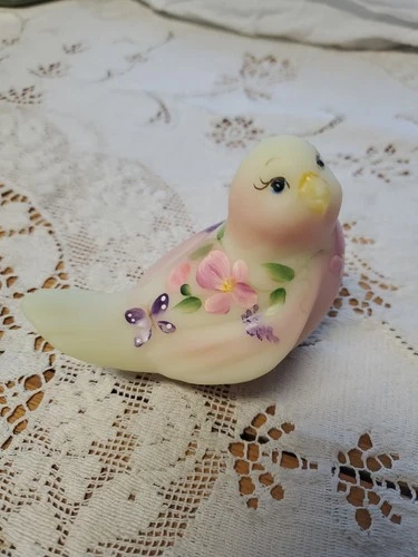 Fenton Burmese Satin Glass Songbird Hand Painted Flowers Signed