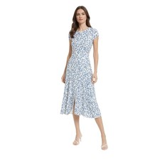 Reformation Fauna Blue Floral Button Front Midi Dress Cream Short Sleeve Size 10