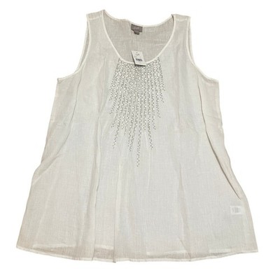 J.Jill Women's L White Linen Metallic Graphic Ethereal Scoop Neck Tank Top NWT