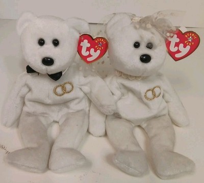 Ty Beanie Baby 2001 Teddy Bear Bride Groom Wedding Mr Mrs Retired White