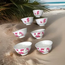 VINTAGE JAPANESE FINE PORCELAIN Rice Noodle Bowls Mixed Lot Of 7 White Pink Rose