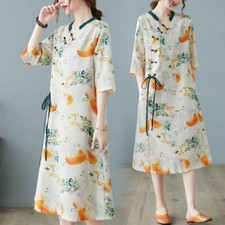 Women Half Sleeve Casual Dresssummer Cotton Ethnic Loose Mid Long Dress Vintage