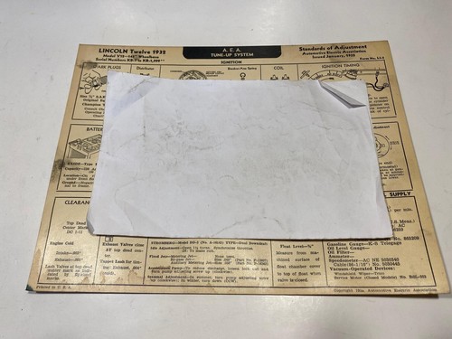 1932 Lincoln Twelve Model V12 145” AEA Tune-Up System card - Bild 1 von 2