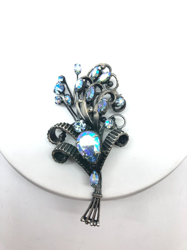 Vintage große blaue Aurora Borealis Strass silberfarbene Brosche Anstecknadel unmarkiert 3 3/8"