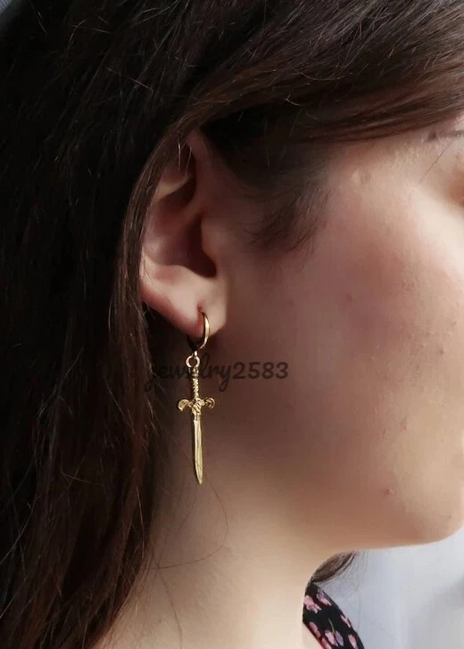 BLACK FRIDAY Gift Solid Metal Men's Dagger Earring 14k Yellow Gold Plated Silver - Image 2 of 4