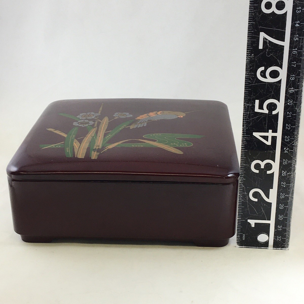 SS Lacquer Ware Japan Dome Lid Footed Square Box Flowers and Bird