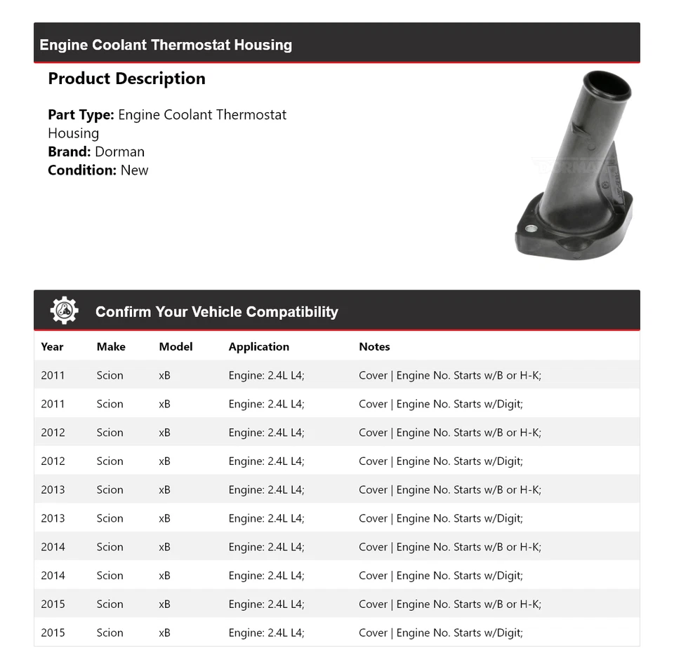 适用于 2011 - 2015 Scion xB 2.4L L4 Dorman 发动机冷却液恒温器外壳 2012 — 第 2/4 张图片