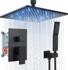 Matte Black Ceiling Mount Shower Faucet Set with 12" LED Rainfall Head
