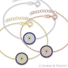 Evil Eye Luck Charm 13mm Turkish Nazar Greek Mati CZ Bracelet in Sterling Silver