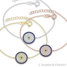 Evil Eye Luck Charm 13mm Turkish Nazar Greek Mati CZ Bracelet in Sterling Silver