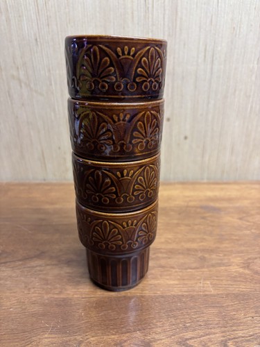 Set Of 4 Tiki MCM Japanese Stacking Embossed Floral Earthenware Coffee Mugs Cups - Picture 7 of 17