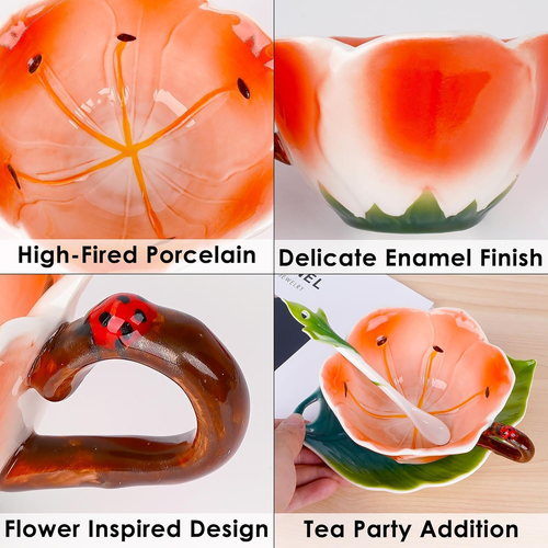 Lily Flower Tea Cup and Saucer Set 6 Oz, Enamel Flower Porcelain Coffee Cup Sauc - Picture 2 of 8