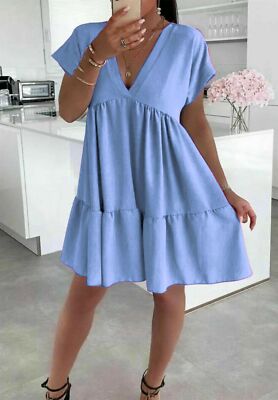 Womens Top V-Neck Smock Dress Summer Beach Pleated Swing Mini Dress Ladies  New/0 | eBay