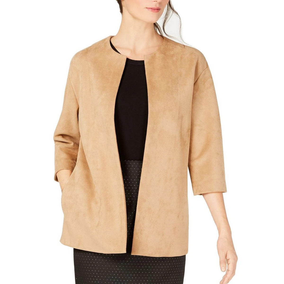 ANNE KLEIN Women s Faux Suede Collarless Open Front Topper Jacket