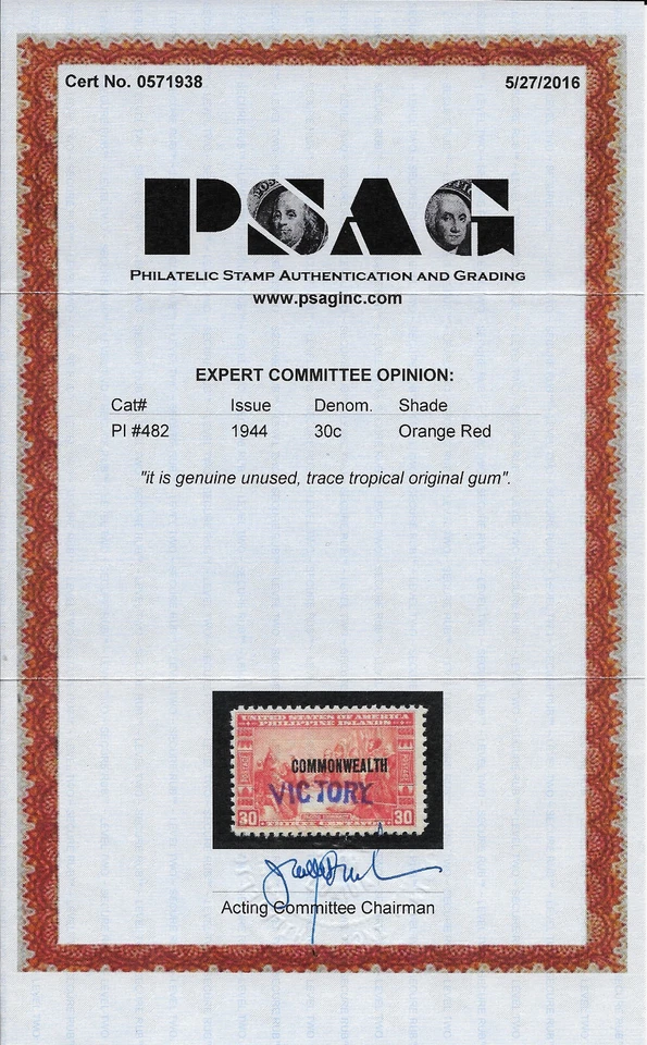 PI Scott 482, Philippines with 'Victory' Handstamp, PSAG Certificate, F/VF, NH - Image 3 of 3