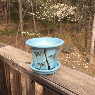 Glazed Blue Ceramic Planter Painted Bamboo with Saucer Approx 5''x6'' Unused