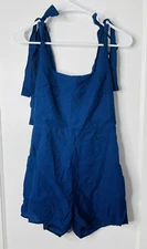 Line And Dot Womens Small Tie Shoulder Romper Jumpsuit Shorts Blue Straps Zip