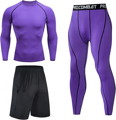Mens GYM 3 piece Compression Running Set Rashguard Base Layer shorts Leggings - Picture 16 of 16