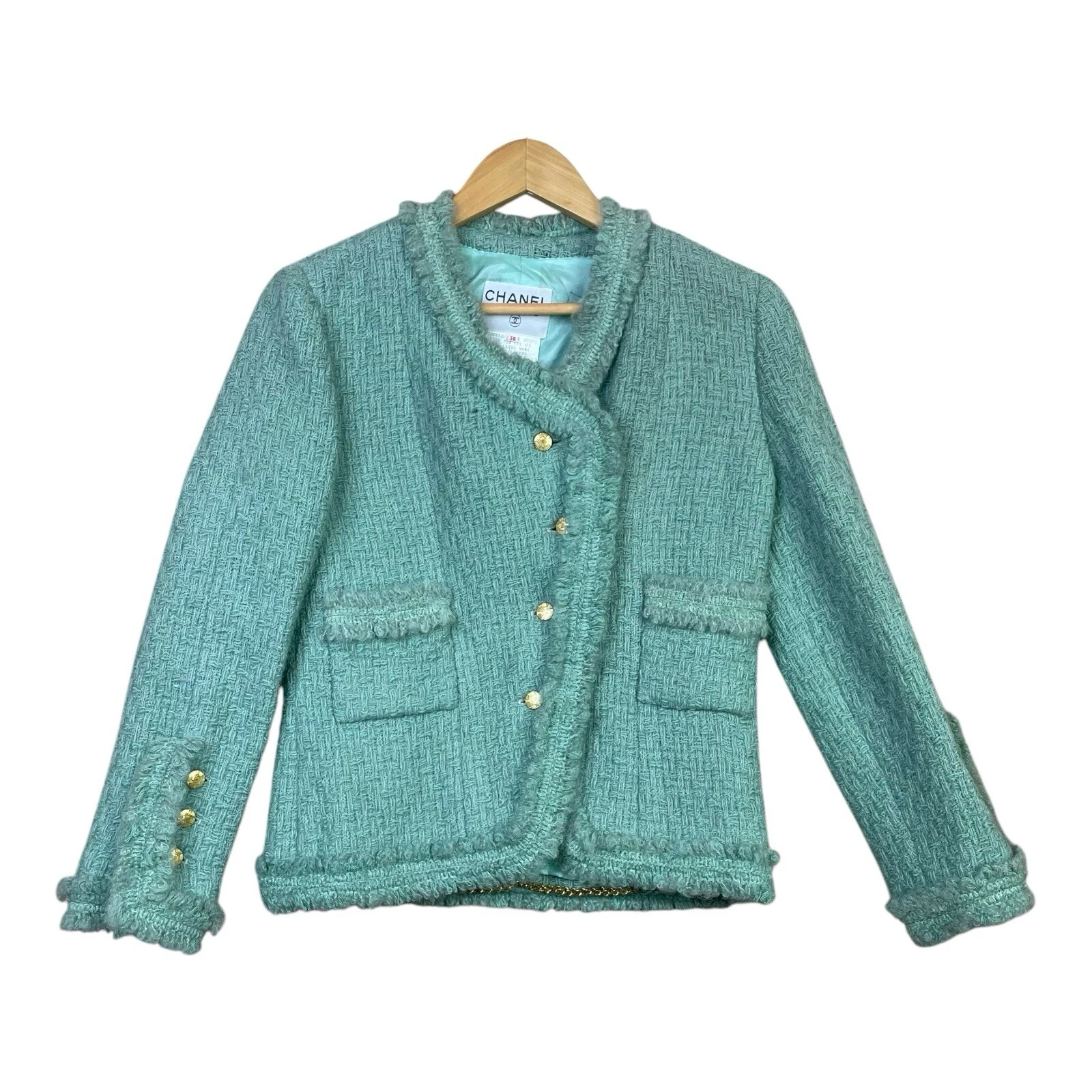 Set completo gonna boutique Chanel tweed taglia 38 verde giada 100% lana tasca us intime ottimeioni