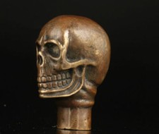Chinese Old Bronze Hand Carved Dog Bitten skull Statue Cane Walking Stick Head