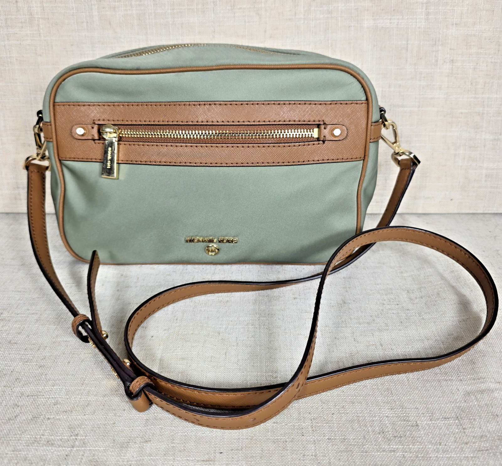 Michael Kors Khaki Green Nylon Gabardine Crossbody Bag with Brown Trim  