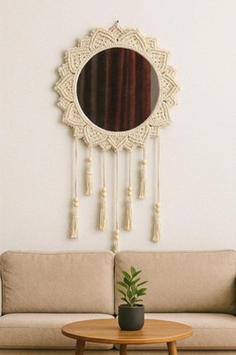 Macrame Round Mirror Wall Mirror Boho Mirror Handmade Cotton Rope Macrame A22