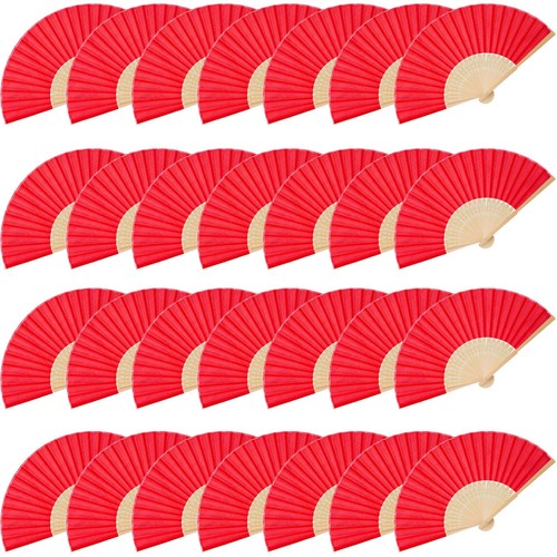 28 Pcs Fabric Folding Hand Fans, 8.3 Inch Red Fabric Folding Fans Handheld Po...