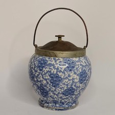 Blue White Transferware Biscuit Jar with Brass Lid, c.1900