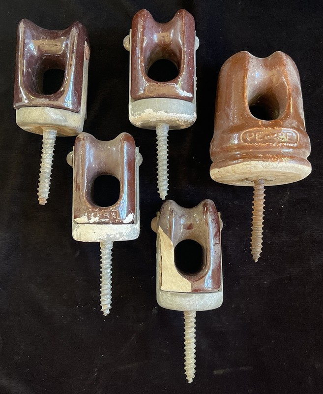 5 Vintage Porcelain Electric Insulators Brown Screws Livestock Fencing
