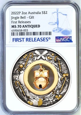 2022 P Australia $2 JINGLE BELL - GILT 2 Oz Silver NGC MS70