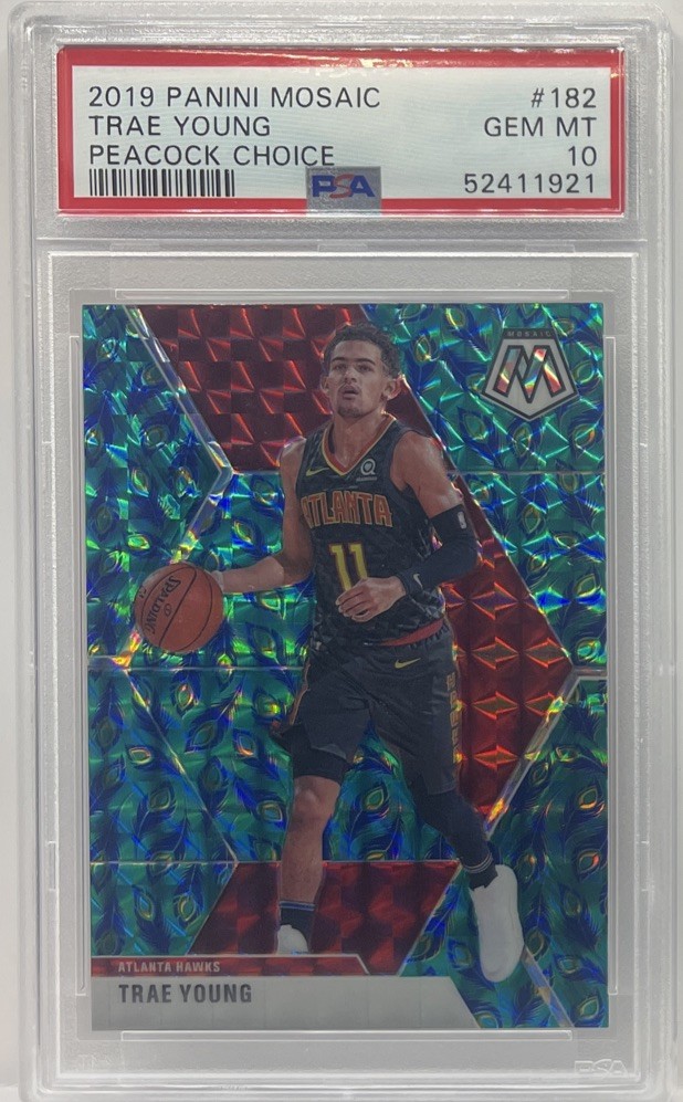2019-20 Panini Mosaic Trae Young Choice Peacock #182 PSA 10 Hawks SP SSP