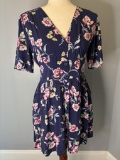 90S Vintage Style Dark Floral Button Front Mini Dress Cottage Core Boho Navy