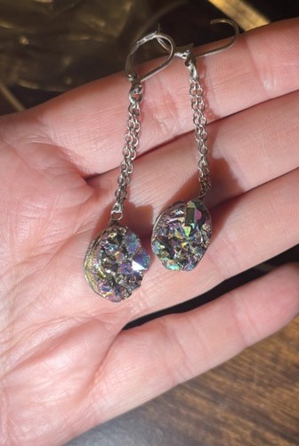 Titanium Rainbow Aura Quartz Dangle Earrings - Picture 3 of 5