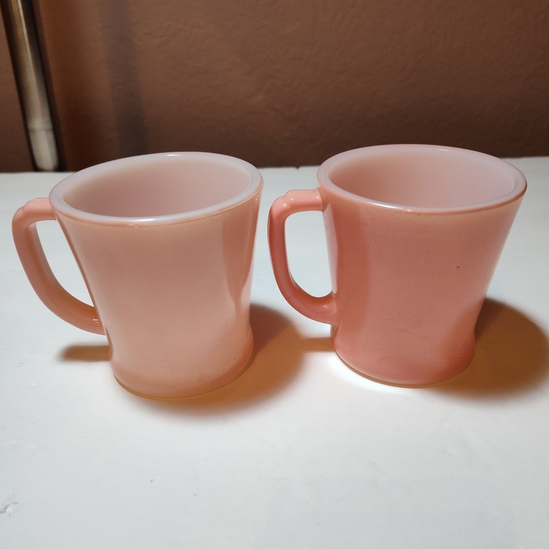 2 Vintage Anchor Hocking Ware USA  Fire King  Pink D-Handle Milk Glass Mugs