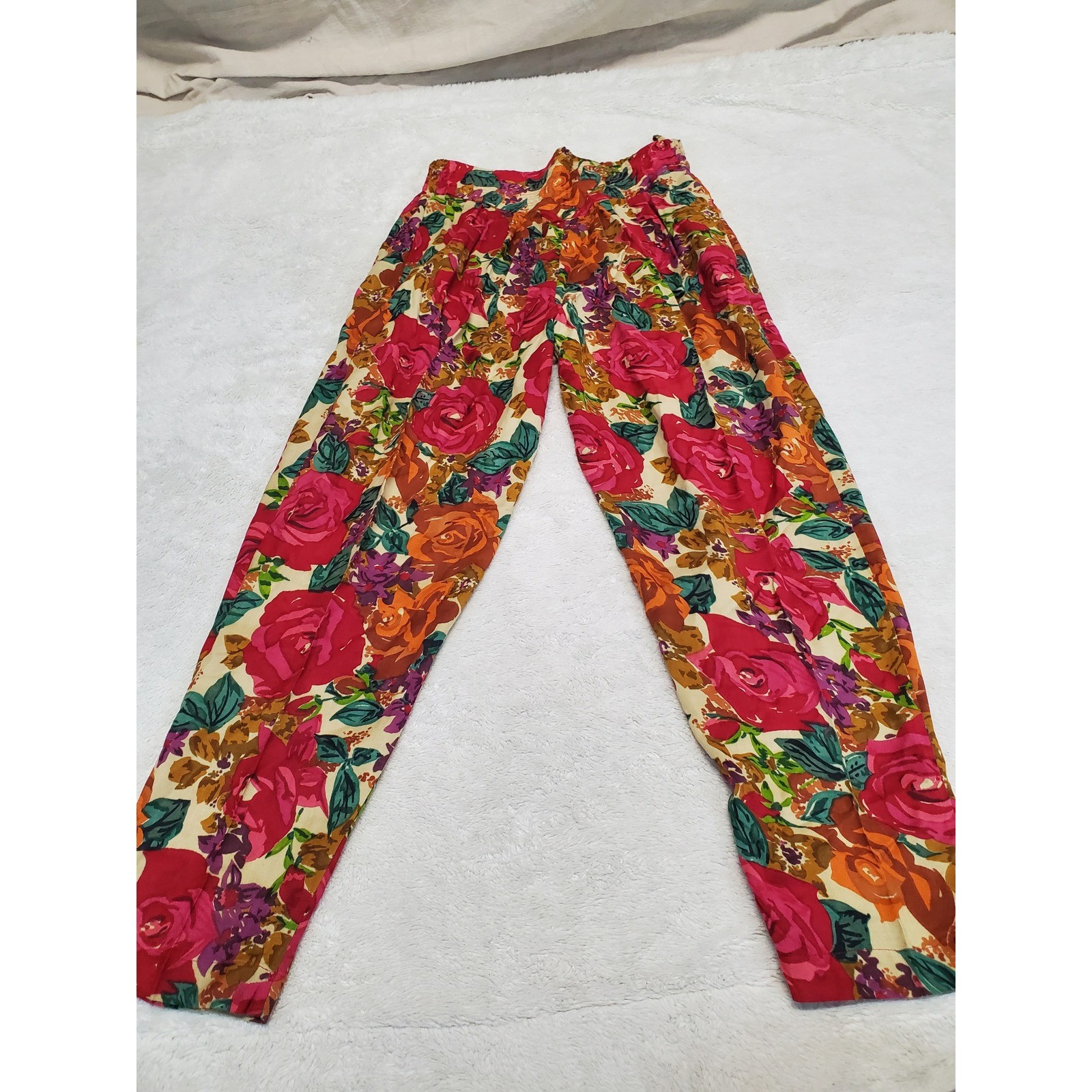Vintage Floral Print High Rise Waist Tapered Pants Grandma Retro  Artsy Casual