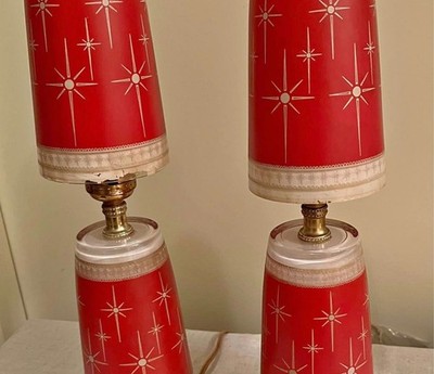 PAIR MCM Atomic Drinking Glass Lamps Bartlett Collins Red Starburst 17'' Tall