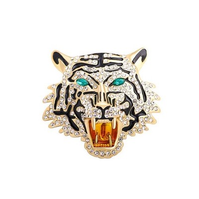 Statement Tiger Head Roaring Brooch Pin Pendant Gold Tone Rhinestone Black Ename