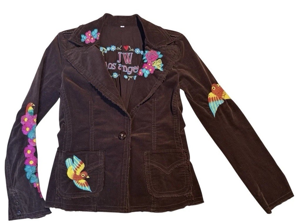 VTG BOHO JW Los Angeles Women’s S Brown Blazer Jacket Embroidered JOHNNY WAS Y2K