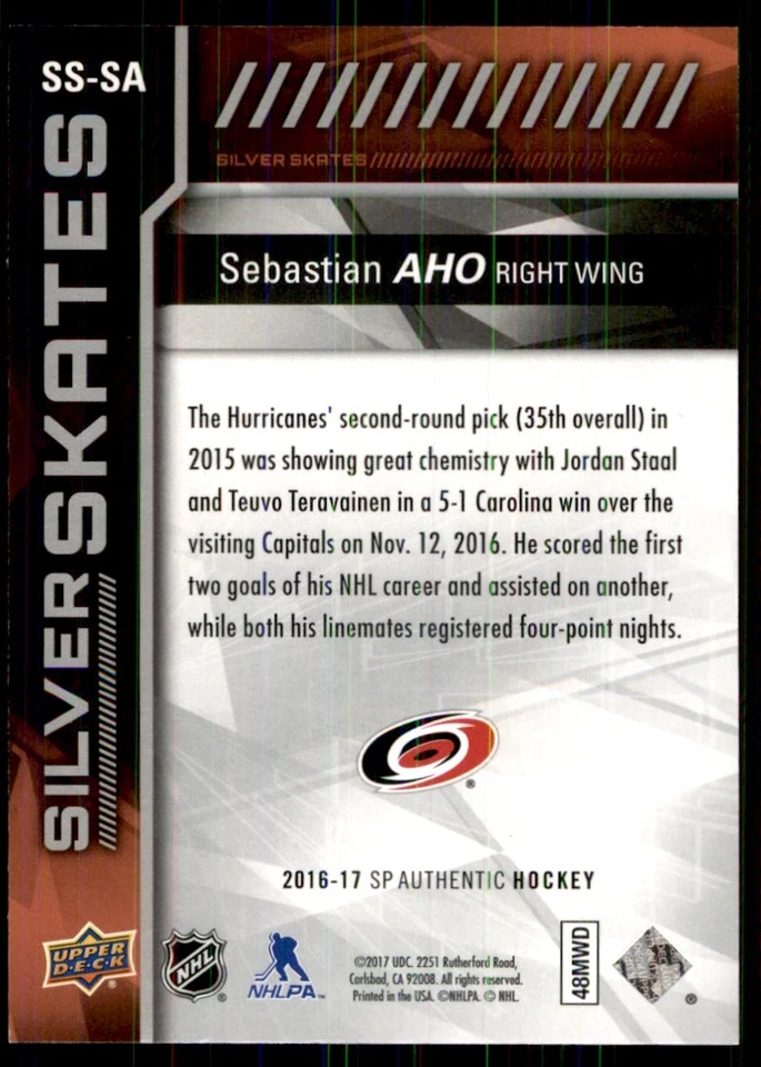 2016-17 SP Authentic Silver Skates Sebastian Aho Carolina Hurricanes #SS-SA - Image 2 of 2