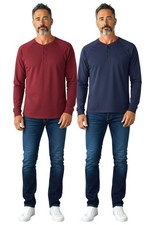 Mens Henley Collar T shirt Plain 100% Cotton Long Sleeves Quality Solid Tee JOSS