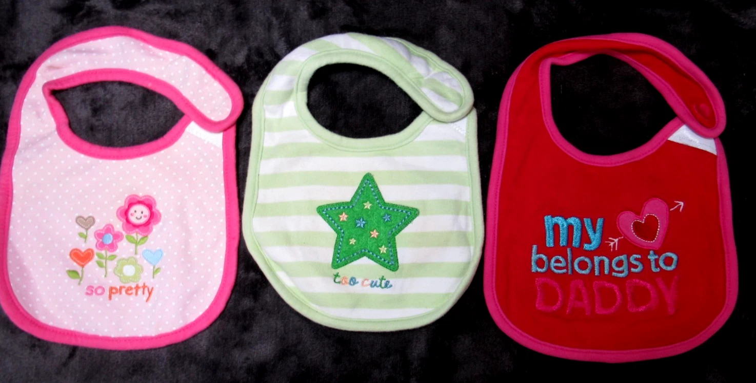 Lot of 3 Vintage Baby Girl Bibs Monkey Flower Star and Daddy Design Carters