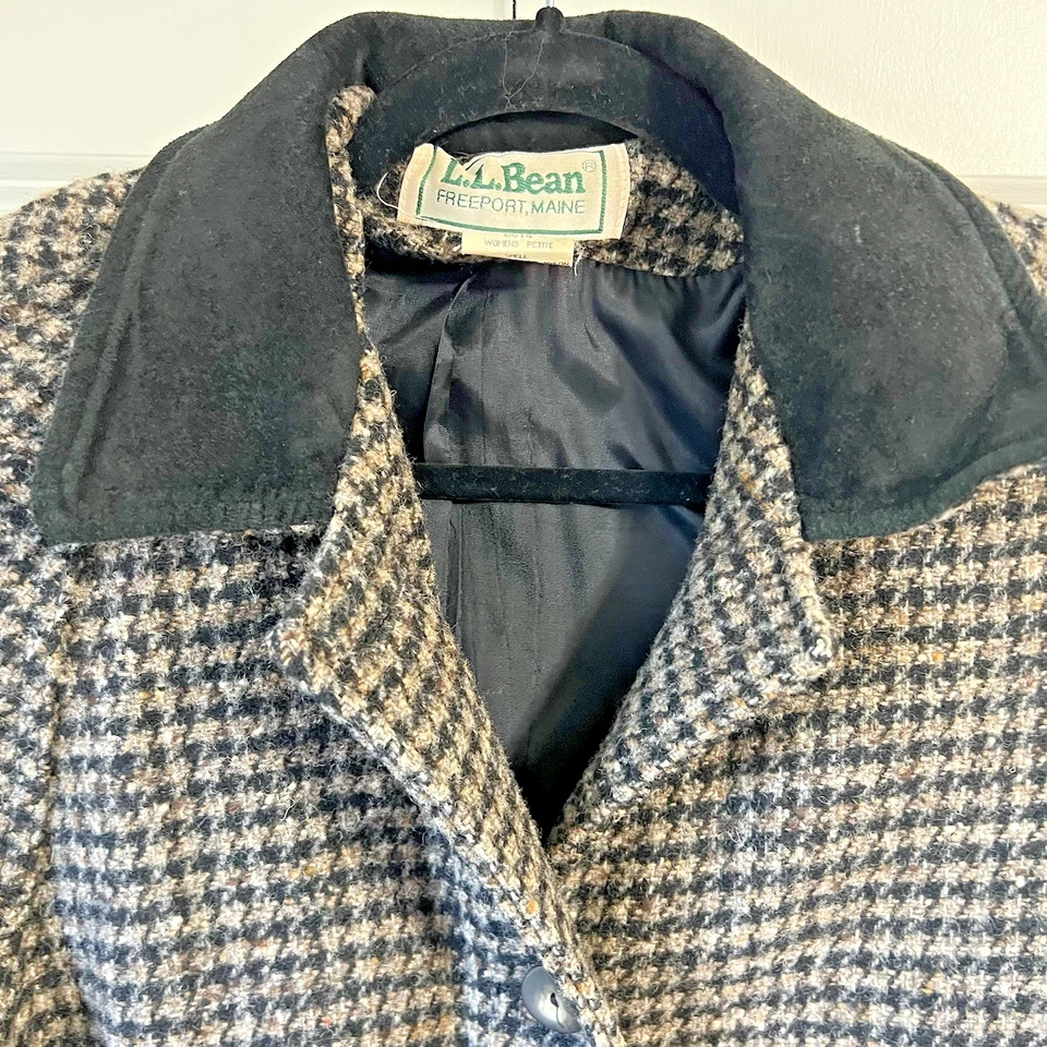 LL Bean VTG Long Wool Coat Small Petite Black Tan Houndstooth 80s Duster Women's - Image 3 of 4