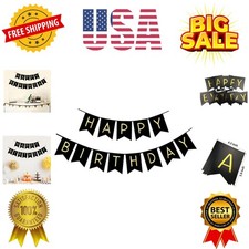 Black Happy Birthday Bunting Banner with Shiny Gold Letters Party Supplies